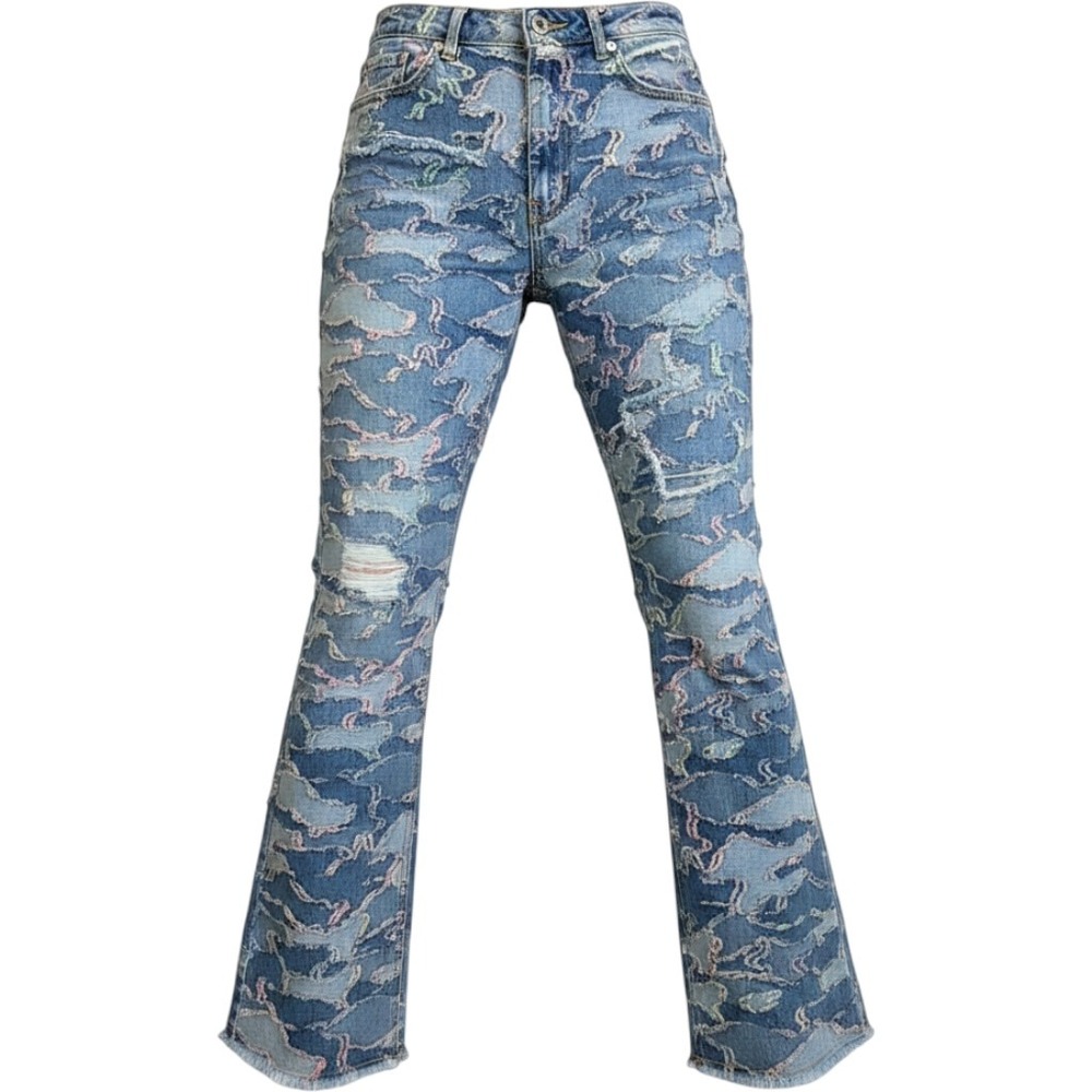KDNK Mens Slim Flare Distressed Jeans Blue Pastel Frayed Denim KND4775 Size 34